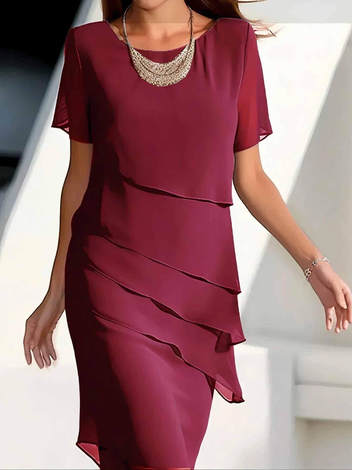 Gelaagde Chiffon Jurk – Elegante Damesjurk Met Korte Mouwen En Luchtige Pasvorm Voor Feest En Dagelijks Gebruik
