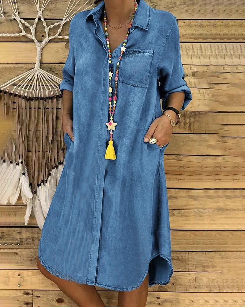Zomerse Denim Blousejurk Dames – Casual Spijkerjurk Met Zakken Voor Lente & Zomer