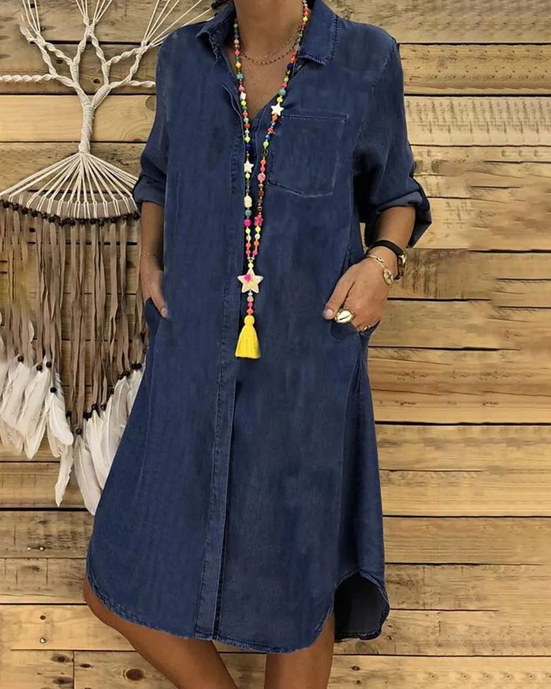 Zomerse Denim Blousejurk Dames – Casual Spijkerjurk Met Zakken Voor Lente & Zomer