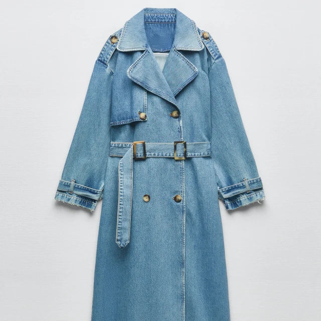 Denim Trenchcoat Met Tailleceintuur En Reverskraag – Stijlvolle Lange Damesjas Voor Elk Seizoen