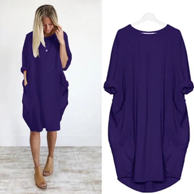 Dames Oversized Jurk Met Opgerolde Mouwen En Zakken – Lente, Zomer En Vroege Herfst
