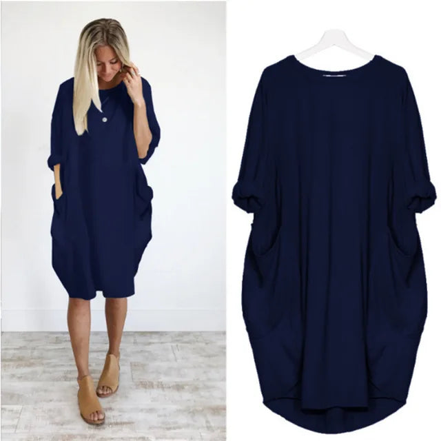 Dames Oversized Jurk Met Opgerolde Mouwen En Zakken – Lente, Zomer En Vroege Herfst