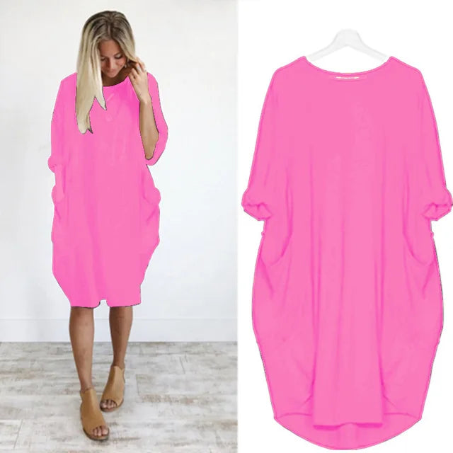 Dames Oversized Jurk Met Opgerolde Mouwen En Zakken – Lente, Zomer En Vroege Herfst