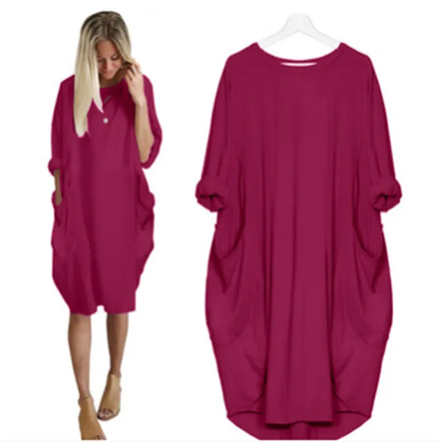 Dames Oversized Jurk Met Opgerolde Mouwen En Zakken – Lente, Zomer En Vroege Herfst