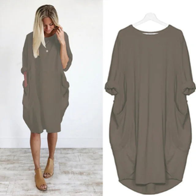 Dames Oversized Jurk Met Opgerolde Mouwen En Zakken – Lente, Zomer En Vroege Herfst