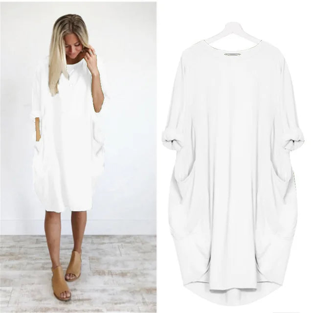 Dames Oversized Jurk Met Opgerolde Mouwen En Zakken – Lente, Zomer En Vroege Herfst