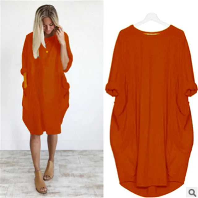 Dames Oversized Jurk Met Opgerolde Mouwen En Zakken – Lente, Zomer En Vroege Herfst