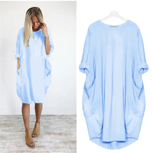 Dames Oversized Jurk Met Opgerolde Mouwen En Zakken – Lente, Zomer En Vroege Herfst