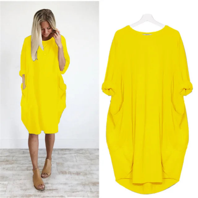 Dames Oversized Jurk Met Opgerolde Mouwen En Zakken – Lente, Zomer En Vroege Herfst
