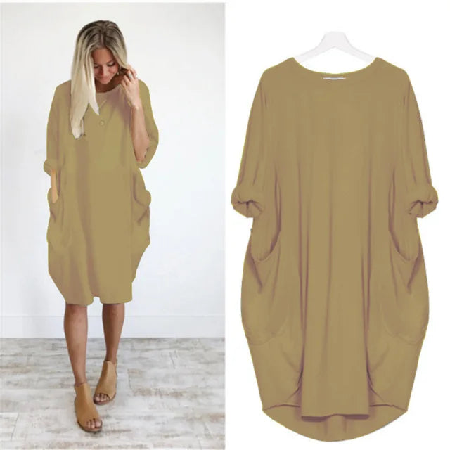 Dames Oversized Jurk Met Opgerolde Mouwen En Zakken – Lente, Zomer En Vroege Herfst