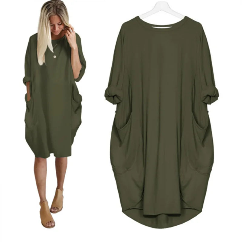 Dames Oversized Jurk Met Opgerolde Mouwen En Zakken – Lente, Zomer En Vroege Herfst