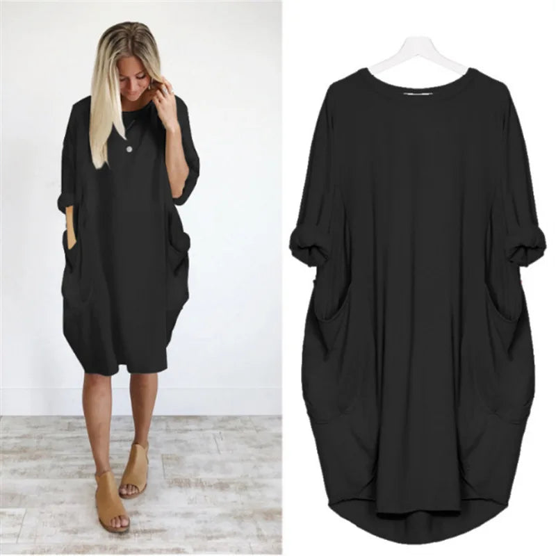 Dames Oversized Jurk Met Opgerolde Mouwen En Zakken – Lente, Zomer En Vroege Herfst