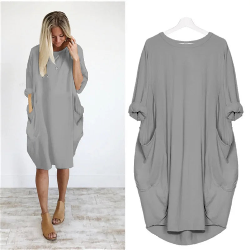 Dames Oversized Jurk Met Opgerolde Mouwen En Zakken – Lente, Zomer En Vroege Herfst