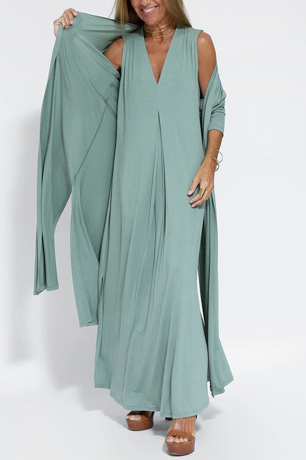 Lange Damescardigan Met Mouwen En Maxi Jumpsuit – Stijlvolle Co-Ord Set Met Elegante Flair