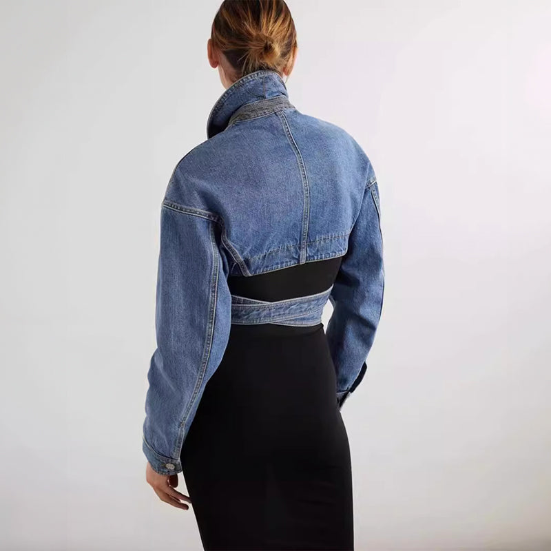Cropped Denim Bikerjack Met Getailleerde Taille – Edgy Lente-Zomer Statement Voor Dames