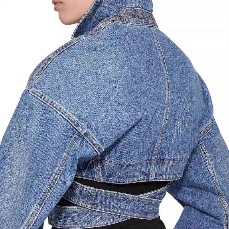 Cropped Denim Bikerjack Met Getailleerde Taille – Edgy Lente-Zomer Statement Voor Dames