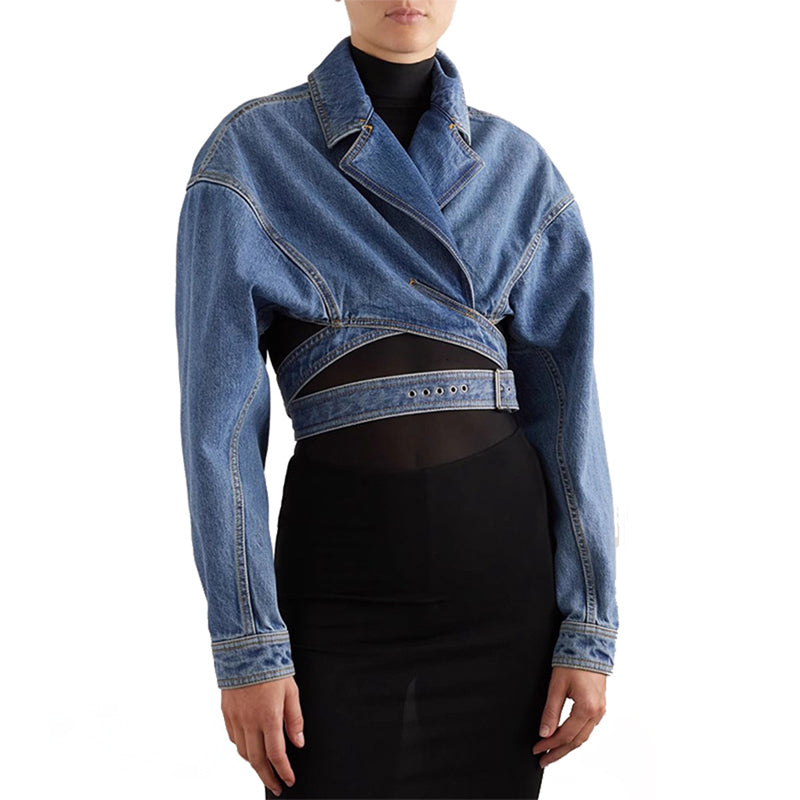 Cropped Denim Bikerjack Met Getailleerde Taille – Edgy Lente-Zomer Statement Voor Dames