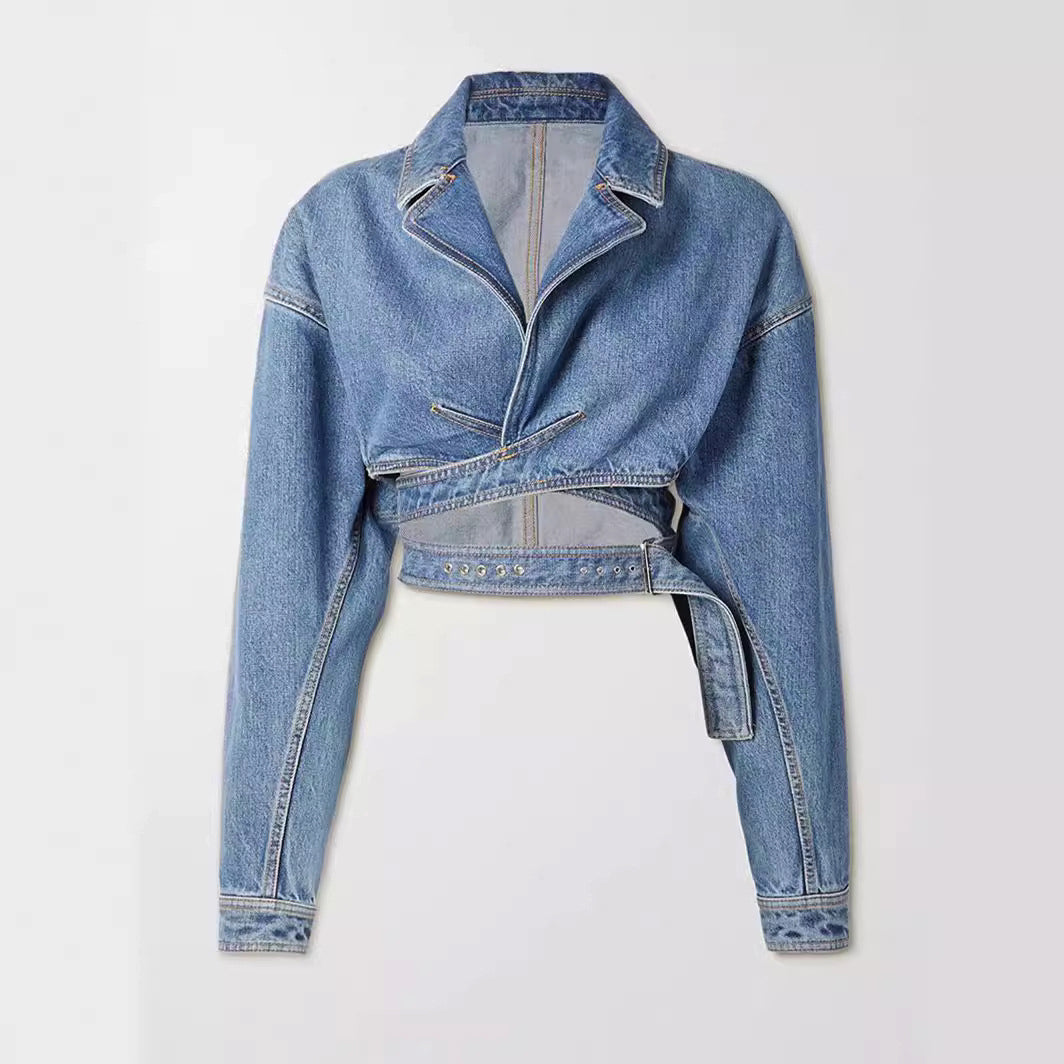 Cropped Denim Bikerjack Met Getailleerde Taille – Edgy Lente-Zomer Statement Voor Dames
