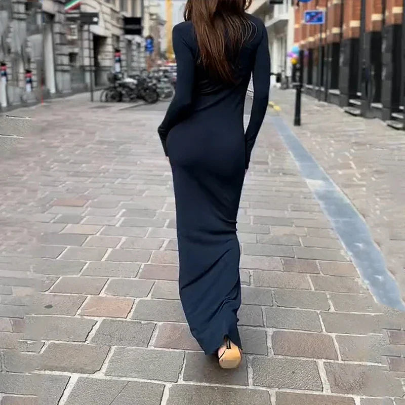 Bodycon Maxi-Jurk Met Col En Lange Mouwen – Minimal Luxe Voor Een Elegante Uitstraling