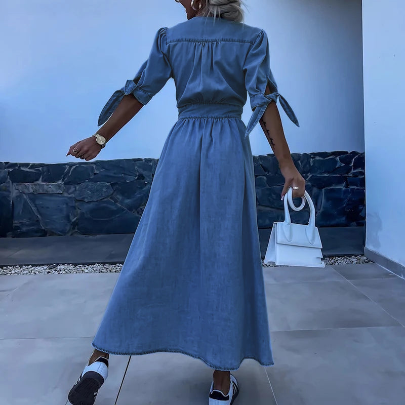 Dames Maxi-Jurk Met Knoopsluiting, Split En Strikmouwen – Lente, Zomer En Vroege Herfst