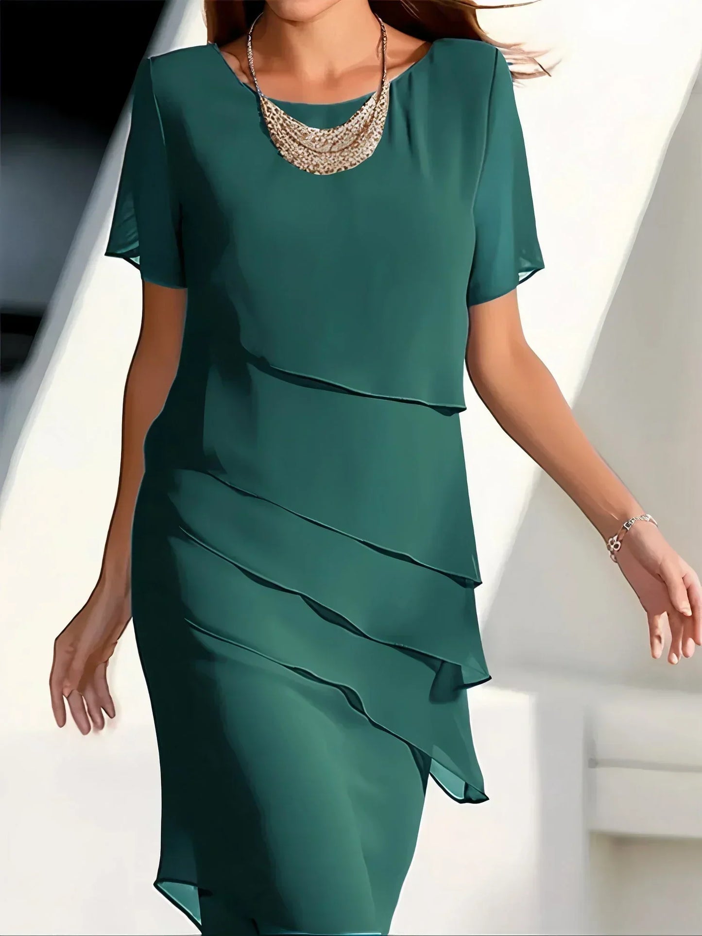 Gelaagde Chiffon Jurk – Elegante Damesjurk Met Korte Mouwen En Luchtige Pasvorm Voor Feest En Dagelijks Gebruik