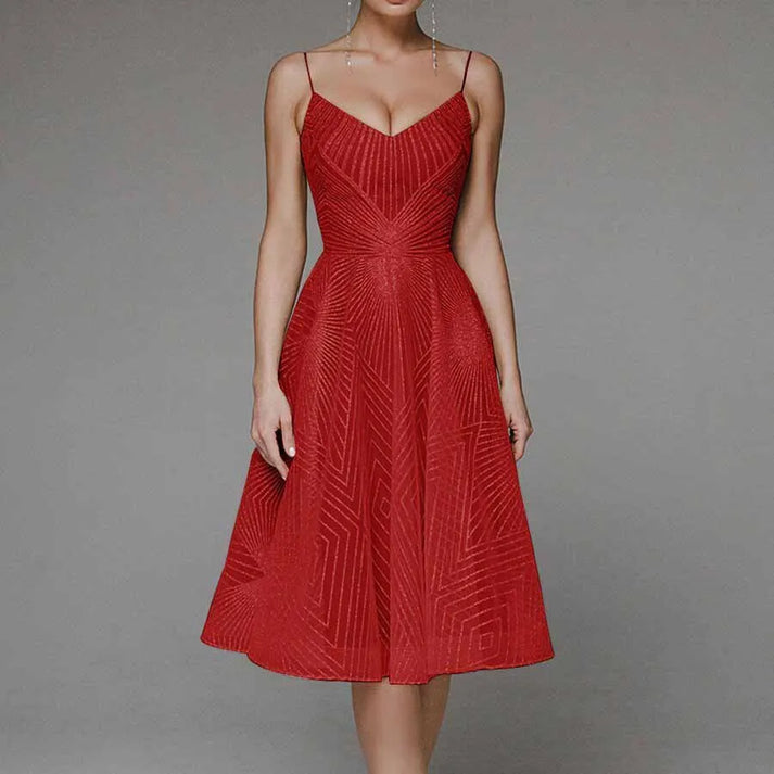 Chique Feestjurk Met Grafische Glansdetails – Elegante Midi Jurk Met Verfijnde Afwerking