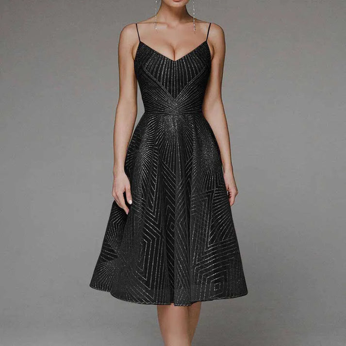 Chique Feestjurk Met Grafische Glansdetails – Elegante Midi Jurk Met Verfijnde Afwerking