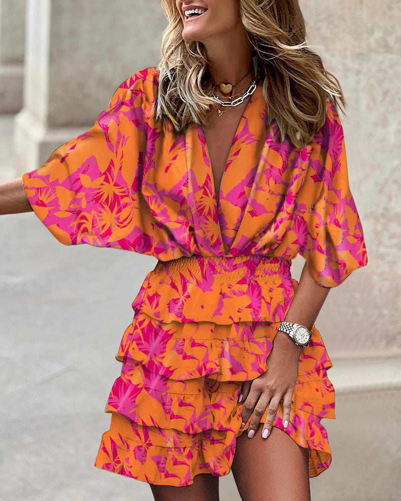 Dames Mini-Jurk Met Tropische Print En Volantrok – Lente, Zomer En Vroege Herfst