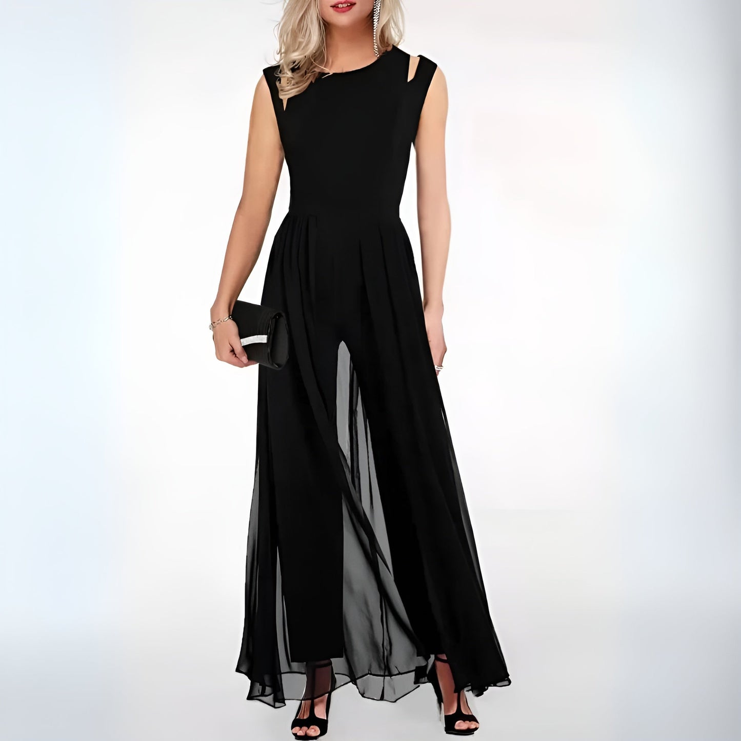 Chique Mouwloze Damesjurk Met Split En Transparante Laag – Elegantie Voor Elke Avond