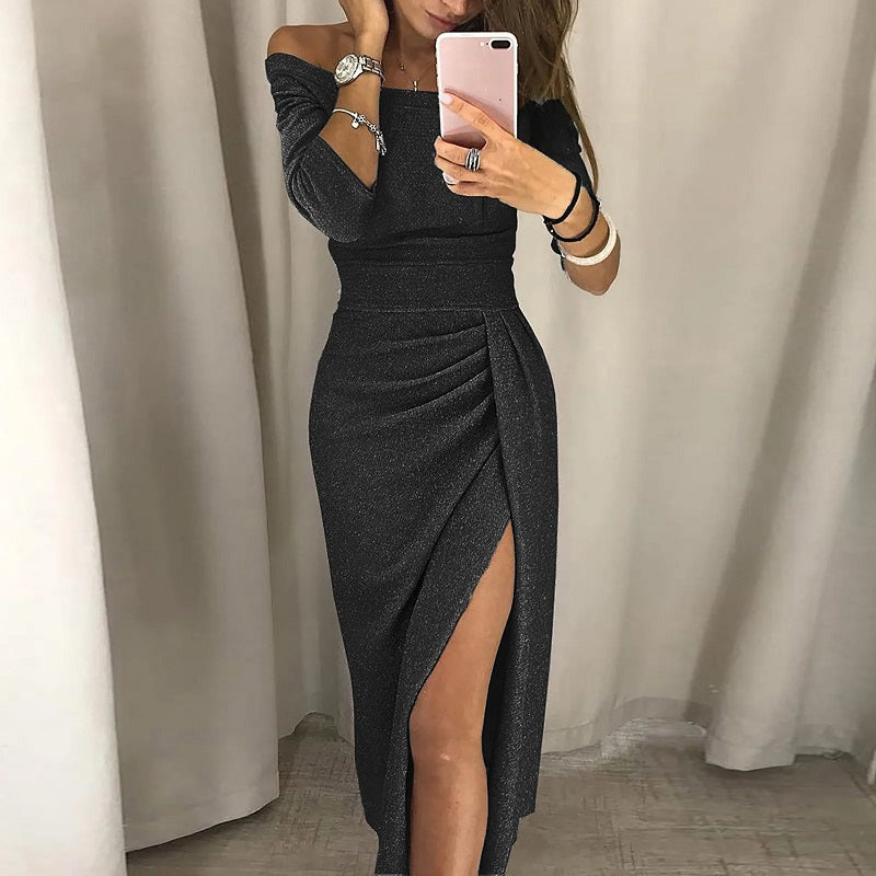 Off-Shoulder Damesjurk Met Split – Elegante Avondjurk Met Aansluitende Pasvorm