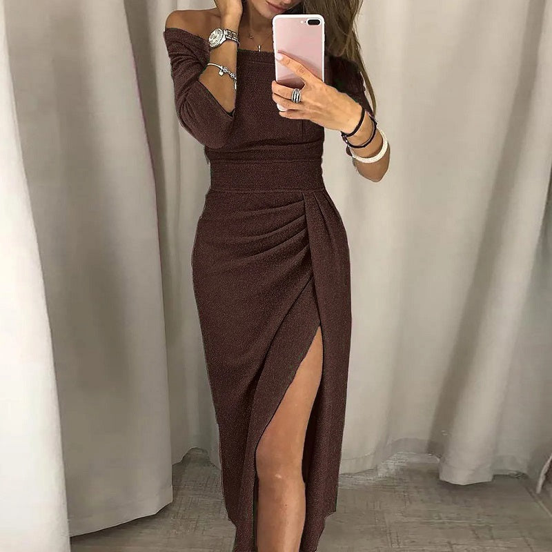 Off-Shoulder Damesjurk Met Split – Elegante Avondjurk Met Aansluitende Pasvorm