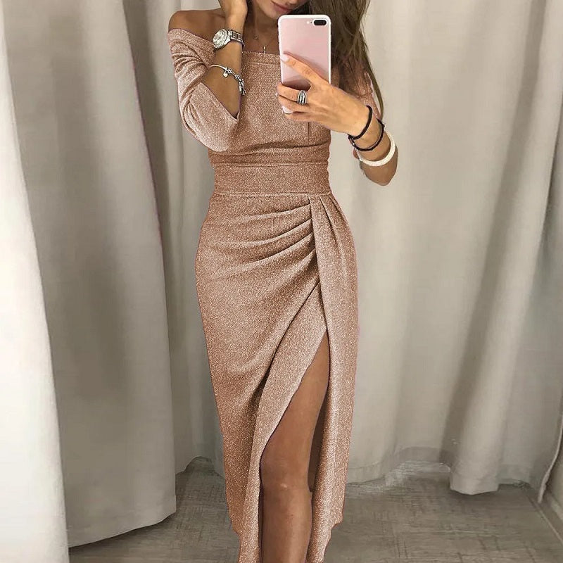 Off-Shoulder Damesjurk Met Split – Elegante Avondjurk Met Aansluitende Pasvorm