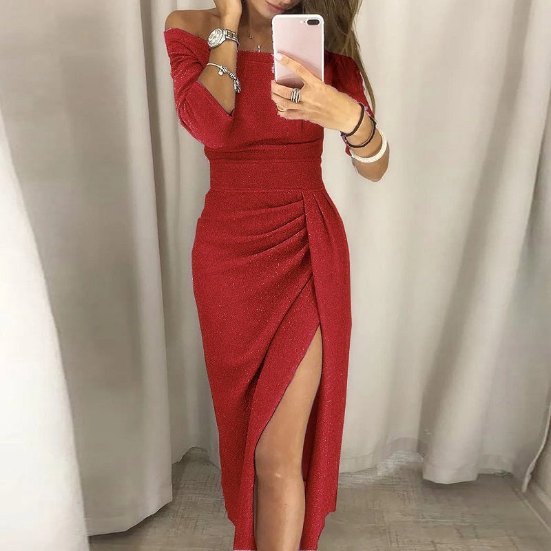 Off-Shoulder Damesjurk Met Split – Elegante Avondjurk Met Aansluitende Pasvorm