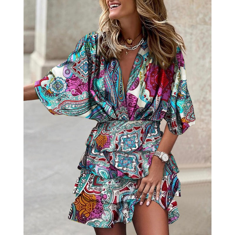 Dames Mini-Jurk Met Tropische Print En Volantrok – Lente, Zomer En Vroege Herfst