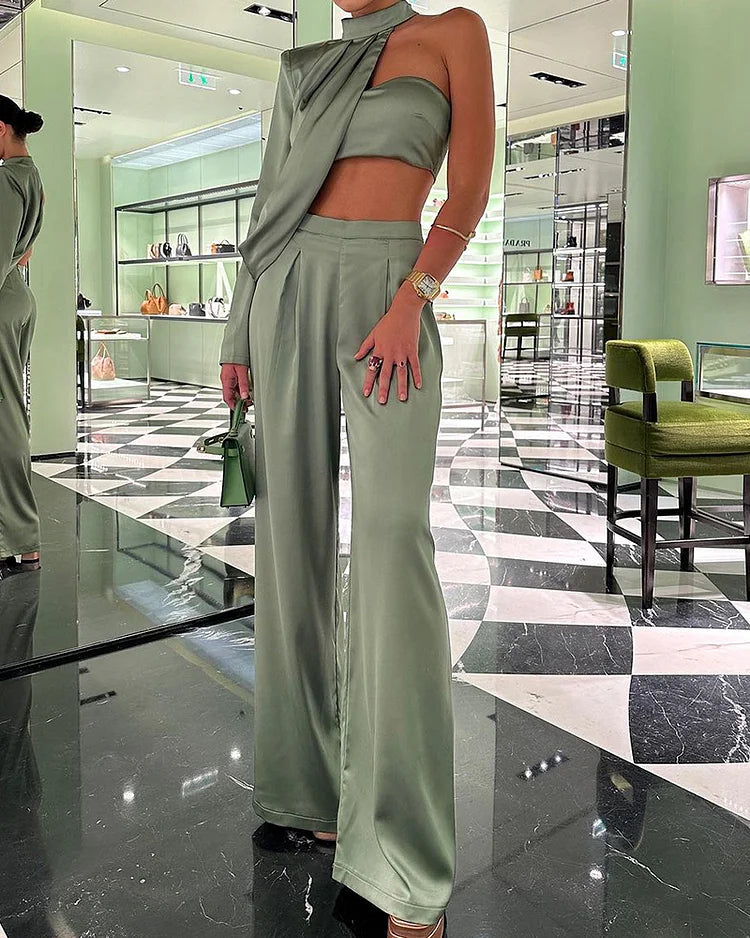 Dames Satijnlook Set Met Asymmetrische Top En Wijde Broek – Lente, Zomer En Events