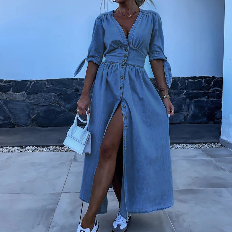 Dames Maxi-Jurk Met Knoopsluiting, Split En Strikmouwen – Lente, Zomer En Vroege Herfst