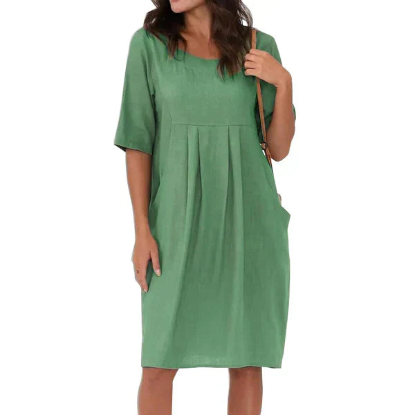 Dames Linnenlook Jurk Met Plooien En Zakken – Lente, Zomer En Nazomer