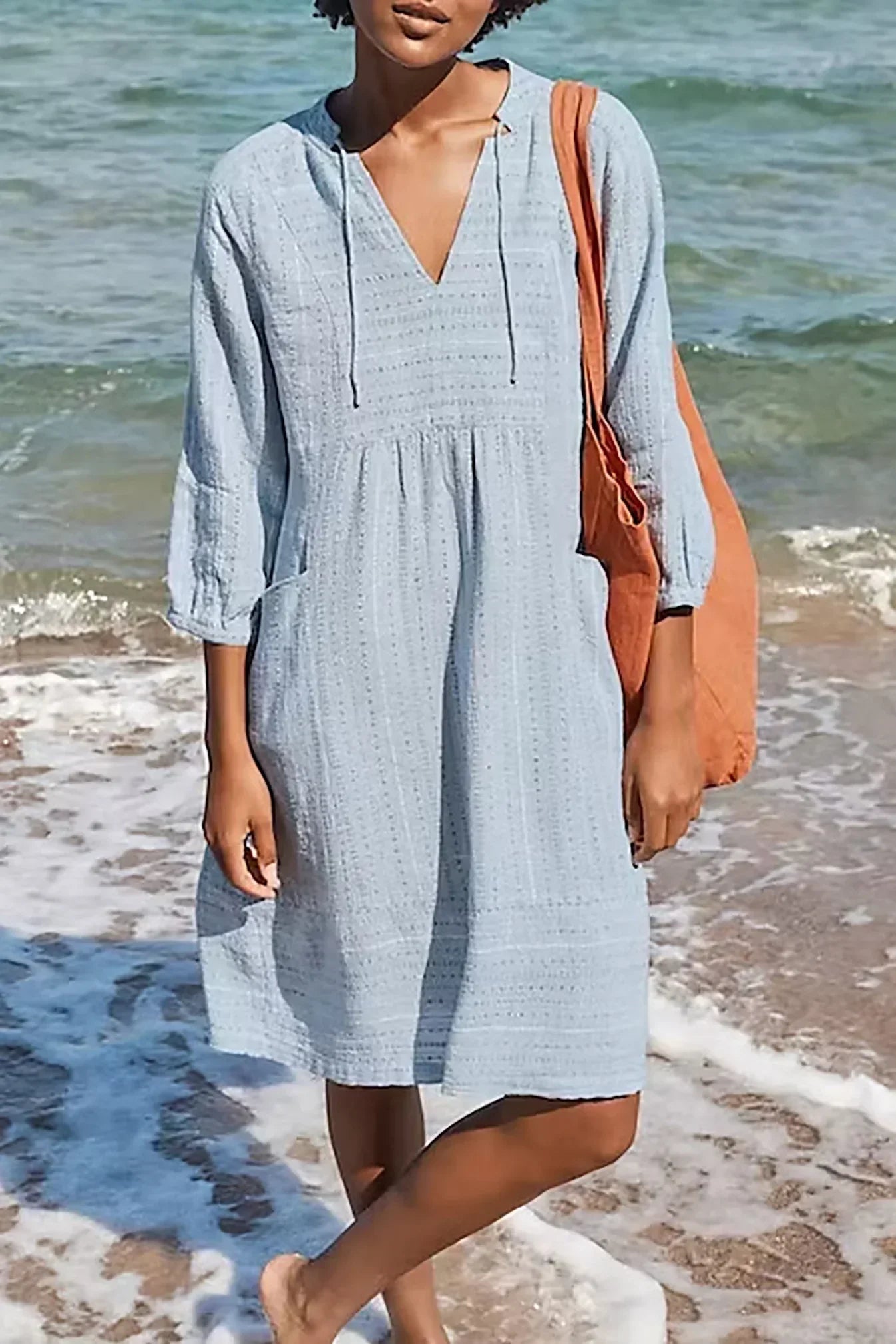 Luchtige Strandjurk Met V-Hals En 3/4 Mouwen – Casual En Comfortabel