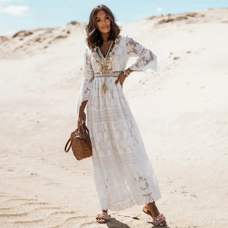 Dames Lange Kanten Jurk Met V-Hals En Boho-Details – Lente, Zomer En Vakantieseizoen