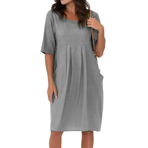 Dames Linnenlook Jurk Met Plooien En Zakken – Lente, Zomer En Nazomer