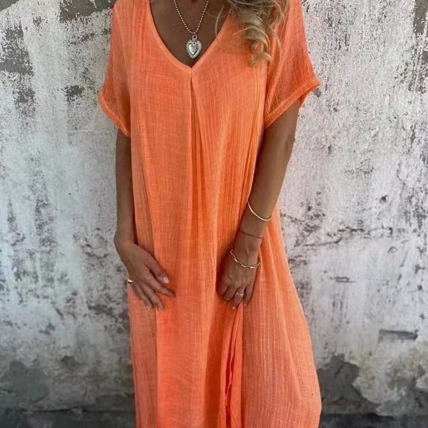 Luchtige Damesjurk – Comfortabele Zomerjurk Met V-Hals En Korte Mouwen