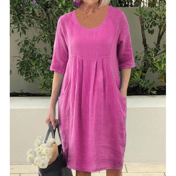 Dames Linnenlook Jurk Met Plooien En Zakken – Lente, Zomer En Nazomer