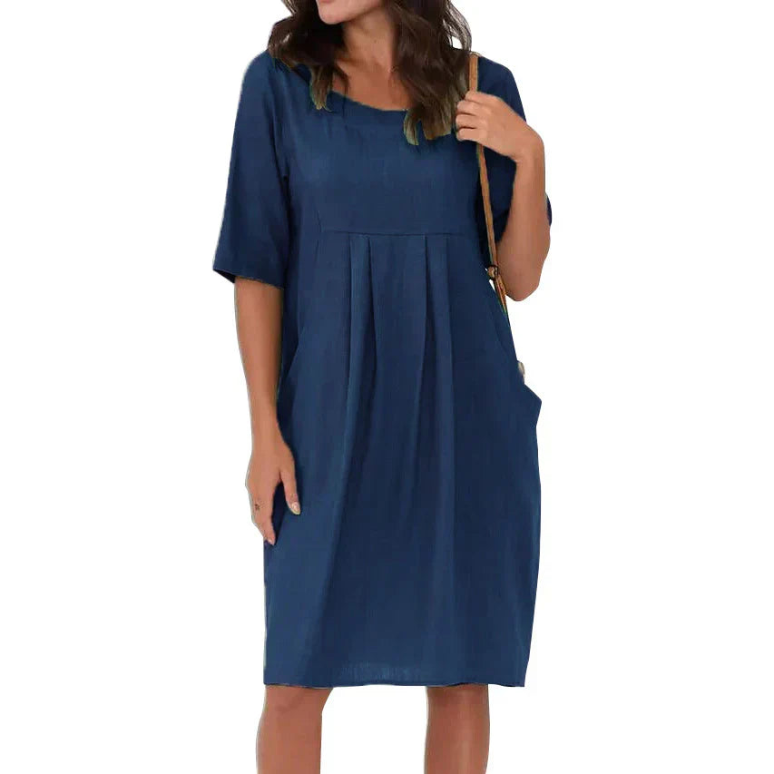 Dames Linnenlook Jurk Met Plooien En Zakken – Lente, Zomer En Nazomer