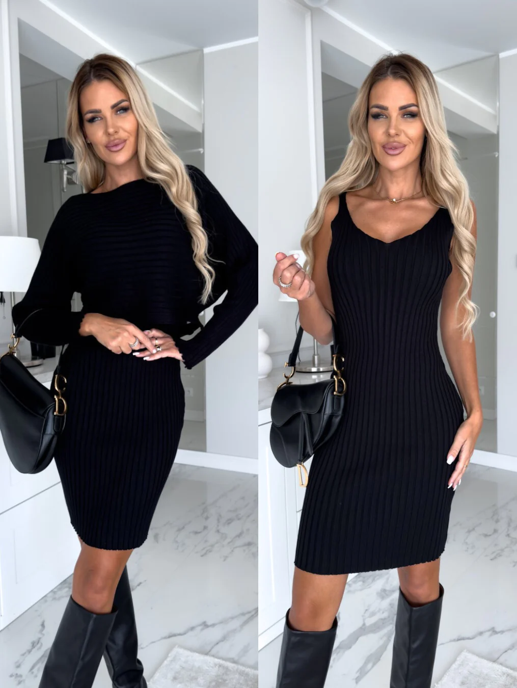 Gebreide Dames Set Met Mouwloze Jurk En Bijpassende Top – Elegante Rib Knit Co-Ord