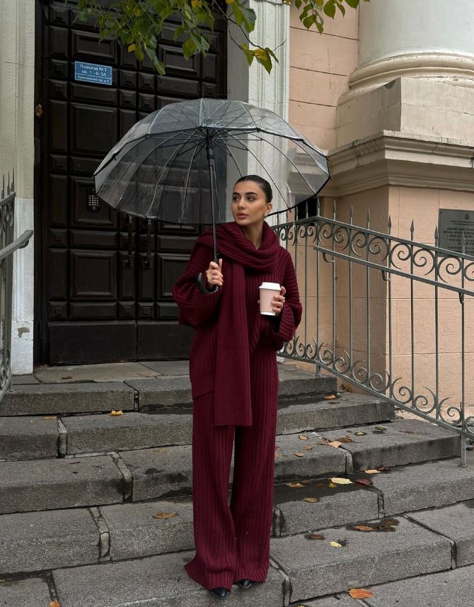 Gebreide Lounge Set Voor Dames – Zachte Ribstructuur, Flared Broek & Inclusief Sjaal – Herfst En Winter