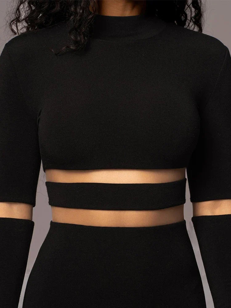 Twee-Delige Dames Set Met Meshpanelen – Bodycon Crop Top En Midi Rok Met Cut-Out Details