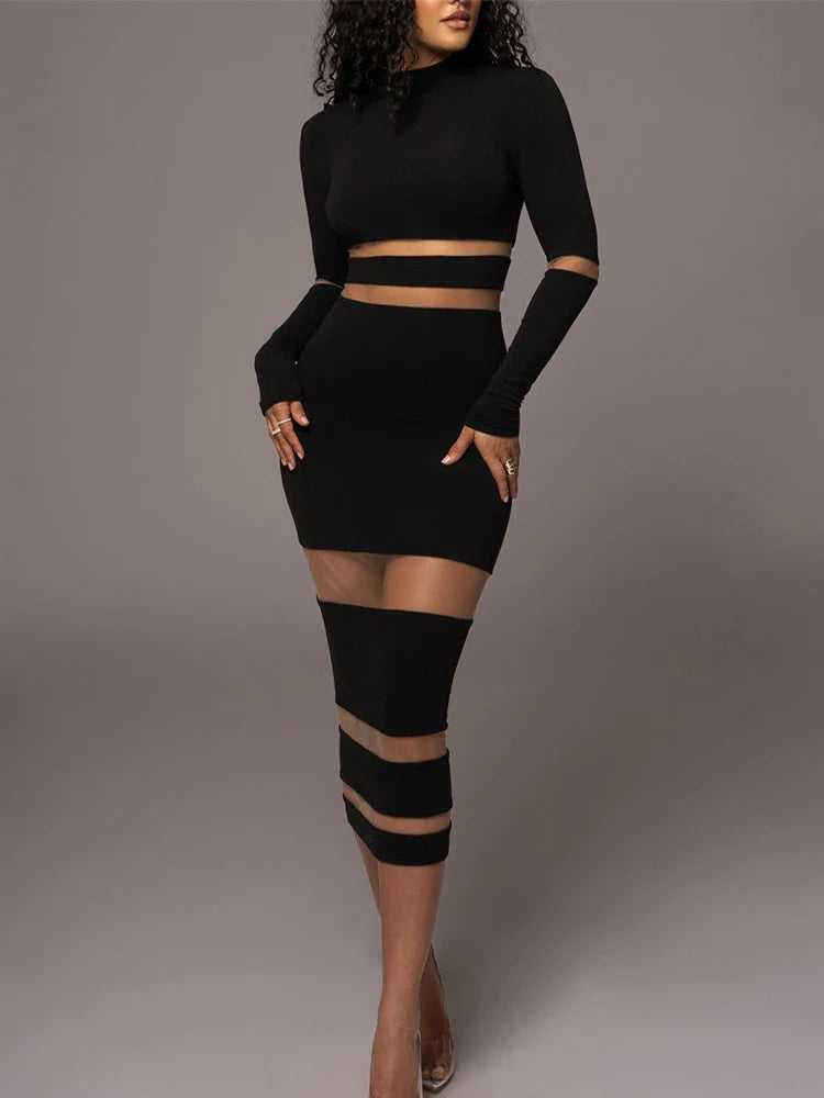 Twee-Delige Dames Set Met Meshpanelen – Bodycon Crop Top En Midi Rok Met Cut-Out Details