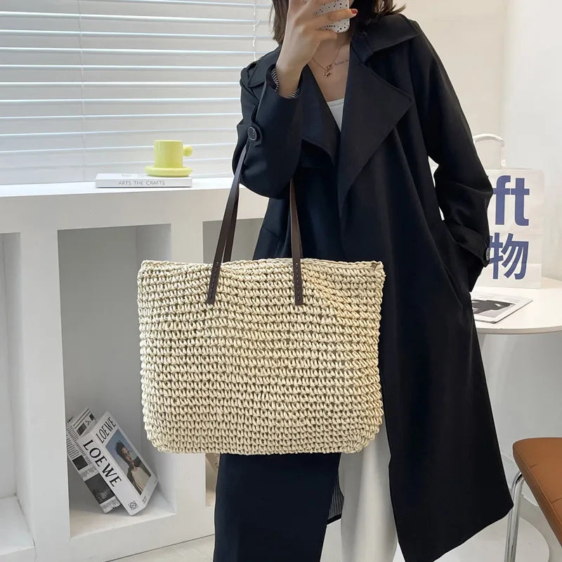 Tas Voor Dames – Grote Gevlochten Tote Bag / Shopper Met Lange Schouderhengsels Voor Strand, Vakantie & Dagelijks Gebruik (Zomer, Voorjaar)