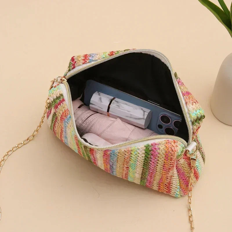 Zomertas Voor Dames – Gevlochten Schoudertas Met Kettingband & Ritssluiting Voor Strand En Vakantie