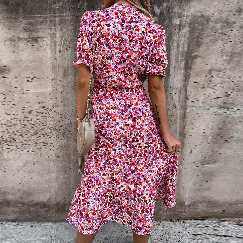 Dames Midi-Jurk Met Bloemenprint, Split En Elastische Taille – Lente, Zomer En Vroege Herfst